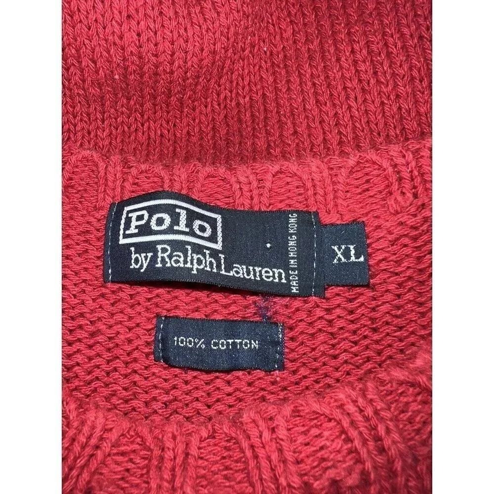 Vintage POLO RALPH LAUREN Mens Pullover Sweater Red Knit Crewneck Cotton Pony XL
